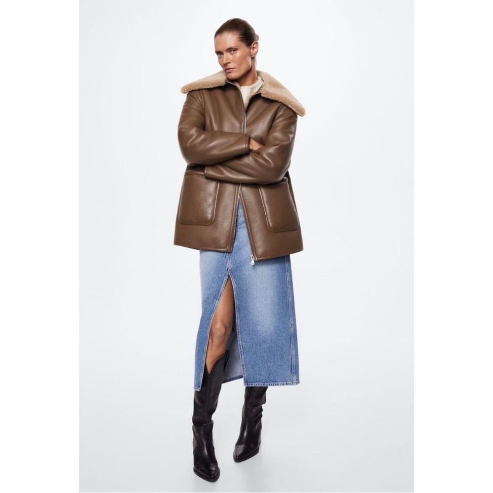 Mango Brown Leather Jacket with Cream Collar